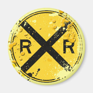GRUNGE AND SPLATTER RAILROAD CROSSING SIGN MAGNET