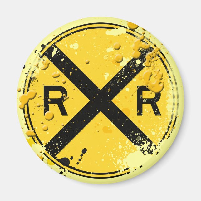 GRUNGE AND SPLATTER RAILROAD CROSSING SIGN MAGNET (Front)