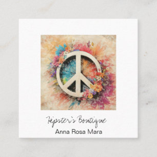 *~* Grunge AP57  Boho QR Peace Symbol Floral Square Business Card