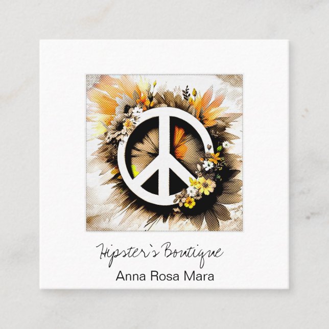 *~* Grunge AP57  QR Peace Symbol Floral Boho AP57 Square Business Card (Front)