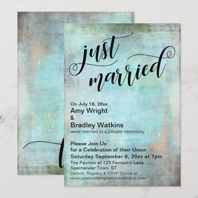Grunge Aqua Just Married Post-Wedding Celebration Invitation (Front/Back)