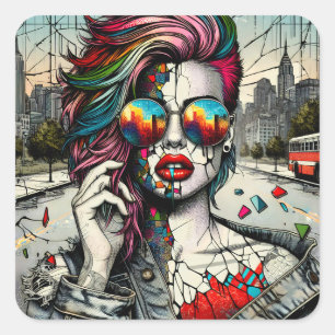 Grunge Art   Fractured Woman Abstract Square Sticker