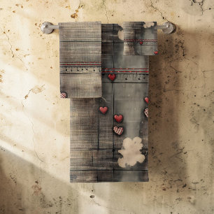 Grunge Black and Cream with Red Hearts Bath Towel Set
