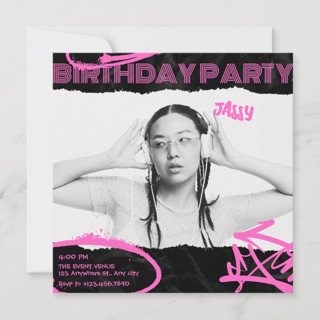 Grunge Black and Pink art photo birthday Invitation (Front)