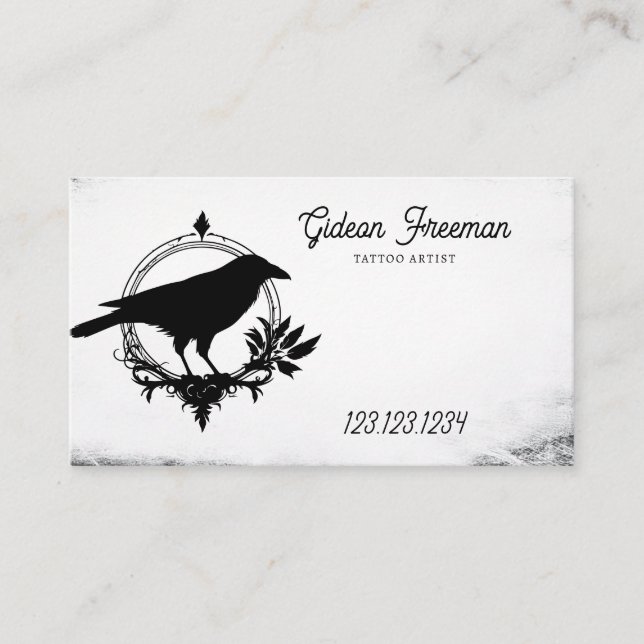 Grunge Black and White Crow Silhouette Tattoo Business Card (Front)
