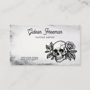 Grunge Black and White Rose Skull Tattoo Artist Business Card