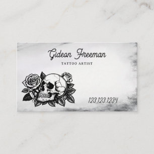 Grunge Black and White Skull Rose Tattoo Artist Business Card