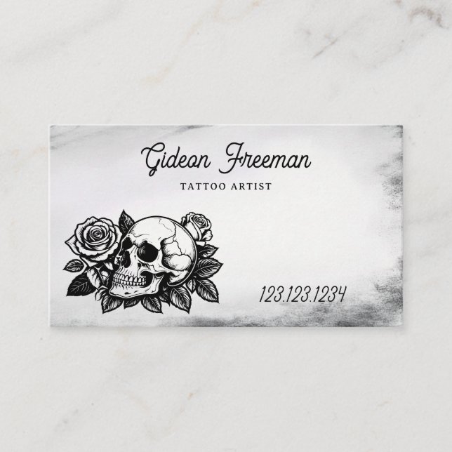 Grunge Black and White Skull Rose Tattoo Artist Business Card (Front)