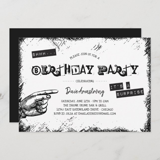 Grunge Black and White Surprise Birthday Party Invitation (Front/Back)