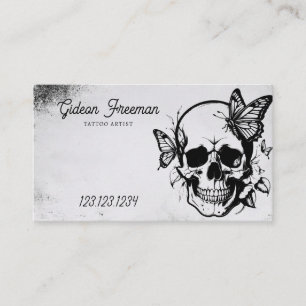 Grunge Black & Grey Skull with Butterflies Tattoo Business Card