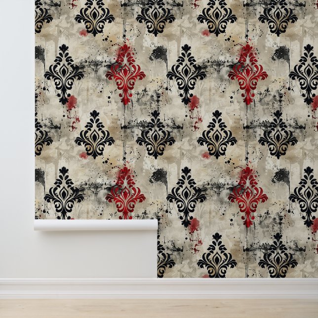 Grunge Black & Red Ornamental Damask Creepy Wallpaper (Application)