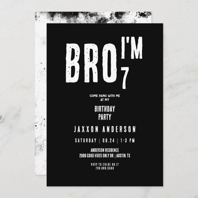 Grunge Black & White Boy Birthday Party Invitation (Front/Back)