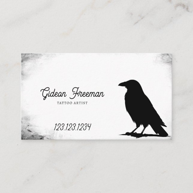 Grunge Black & White Crow Silhouette Tattoo Artist Business Card (Front)