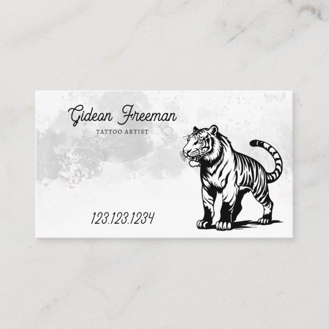 Grunge Black & White Splash Tiger Tattoo Artist Business Card (Front)