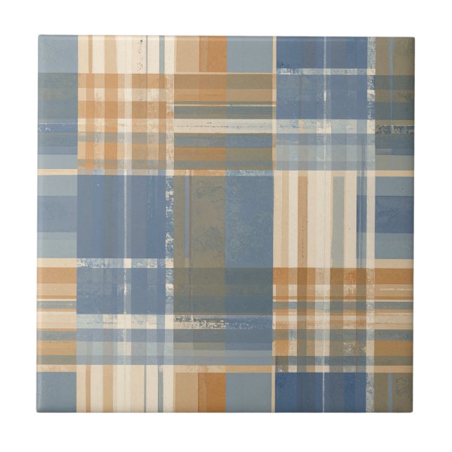 Grunge Blue and Rust Orange Chequered Plaid Tile (Front)