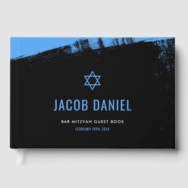Grunge Blue Black Bar Mitzvah Guest Book (Front)