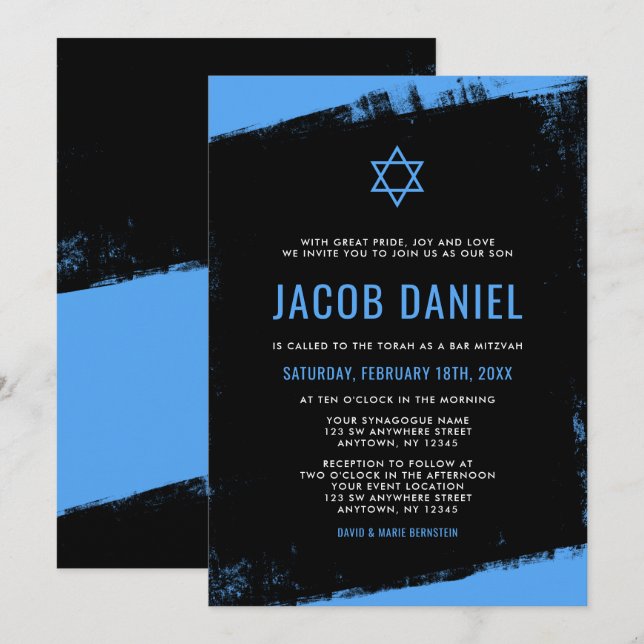 Grunge Blue Black Bar Mitzvah Invitations (Front/Back)