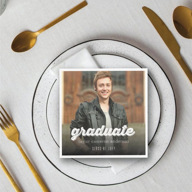 Grunge Bold Graduate Script Photo Graduation Party Napkin (Grunge Bold Graduate Script Photo Modern Graduation Party Paper Napkin @ zazzle.com/color_therapy)