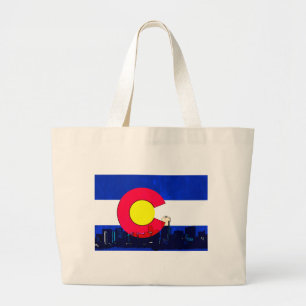 Grunge bright Denver Colorado flag skyline Large Tote Bag