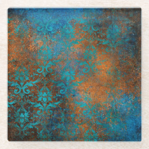 Grunge Brown Blue Floral Decorative Luxury Pattern Glass Coaster