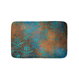 Grunge Brown Blue Floral Decorative Pattern Bath Mat