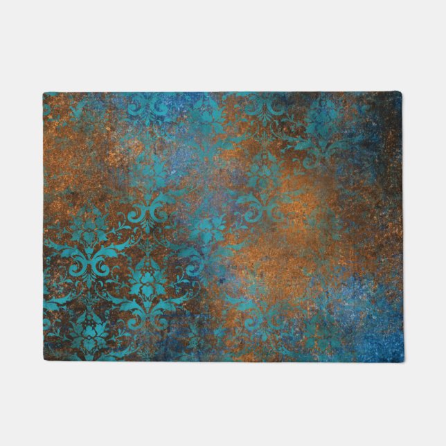 Grunge Brown Blue Floral Decorative Pattern Doormat (Front)