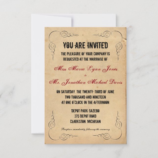 Grunge Brown Paper 3x5 Wedding Invitation Red (Front)
