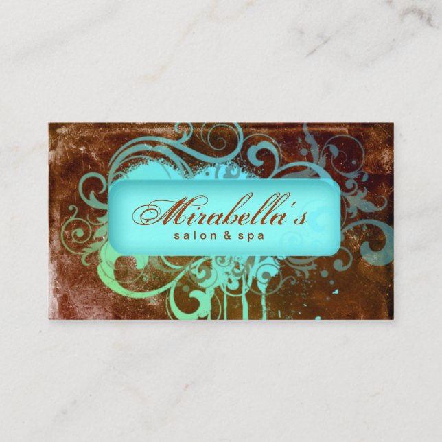 Grunge Business Card Flower Salon Spa Brown Blue (Front)