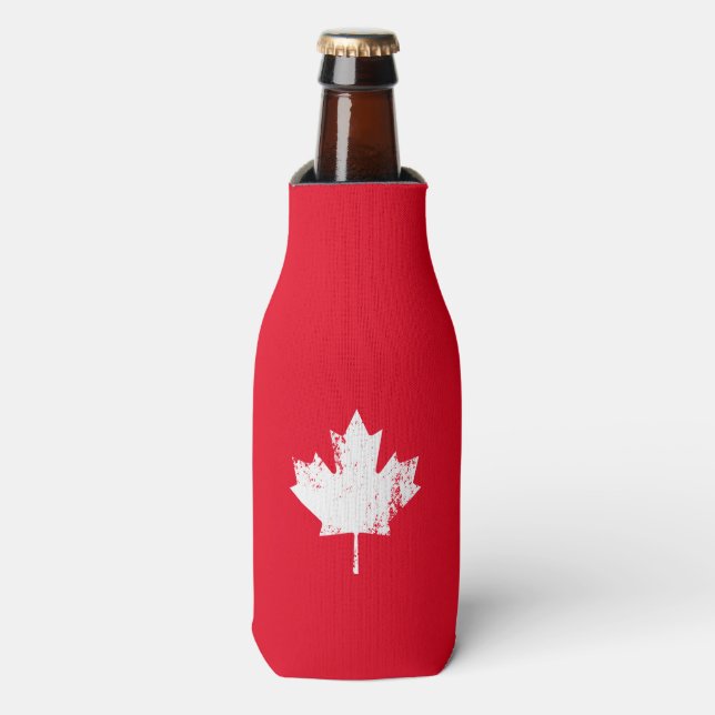 Grunge Canada Flag Maple - White Distressed Bottle Cooler (Bottle Front)