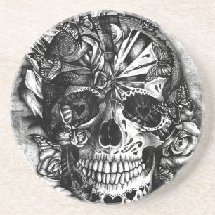 Grunge Candy sugar skull in black and white. Coaster