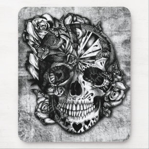 Grunge Candy sugar skull in black and white. Mouse Mat