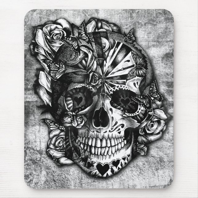 Grunge Candy sugar skull in black and white. Mouse Mat (Front)