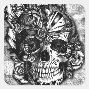 Grunge Candy sugar skull in black and white. Square Sticker