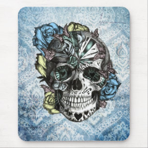 Grunge Candy sugar skull in blue yellow and pink. Mouse Mat