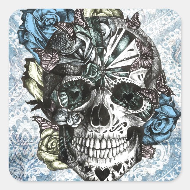 Grunge Candy sugar skull in blue yellow and pink. Square Sticker (Front)