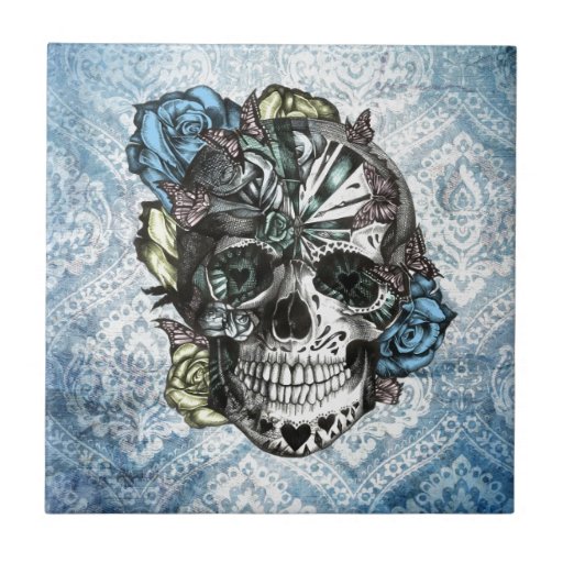 Image of Grunge Candy sugar skull in blue yellow and pink. Tile