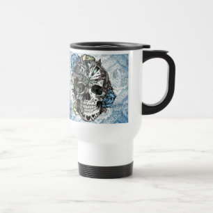 Grunge Candy sugar skull in blue yellow and pink. Travel Mug