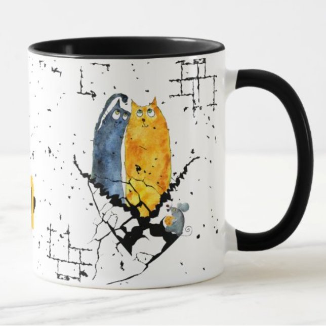 GRUNGE CATS ON BRANCH MUG (TWO GRUNGE CATS ON BRANCH WITH WHIMSICAL MOUSE.  CUSTOMIZABLE MONOGRAM.)