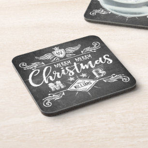 Grunge Chalkboard Merry Christmas Retro Typography Coaster