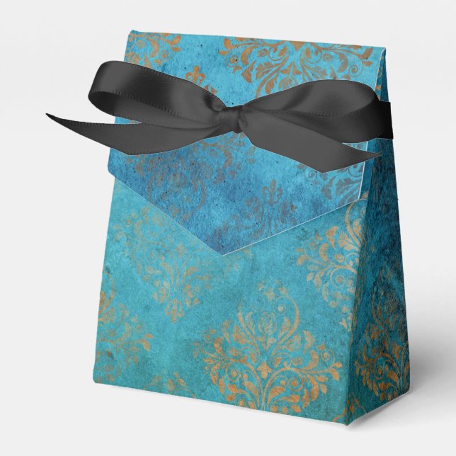 Grunge Copper Patina and Turquoise Damask Favour Box (Front Side)