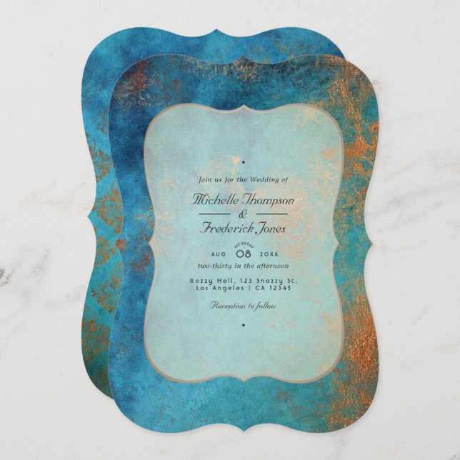 Grunge Copper Patina and Turquoise QR Code Wedding Invitation (Front/Back)