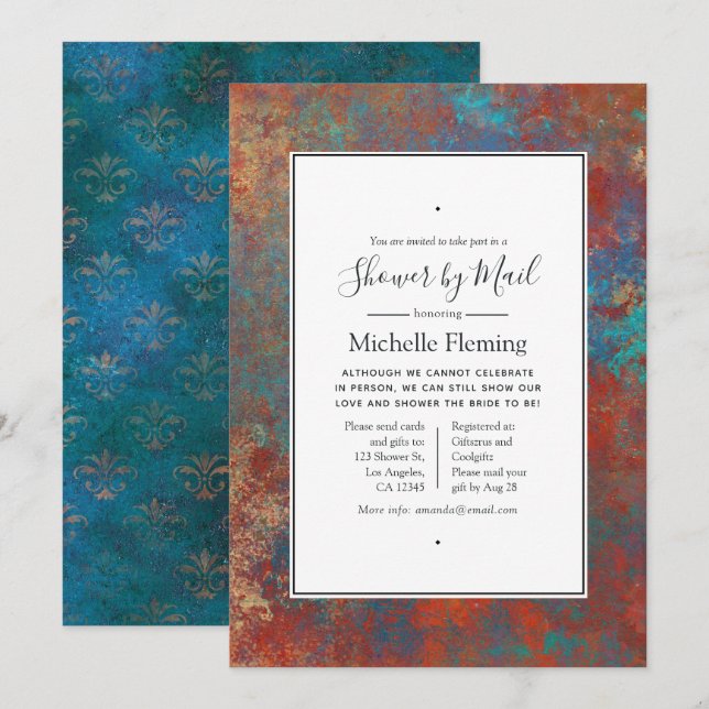 Grunge Copper Patina and Turquoise Shower by Mail Invitation (Front/Back)