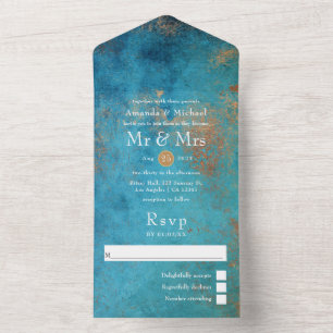 Grunge Copper Patina and Turquoise Wedding All In One Invitation