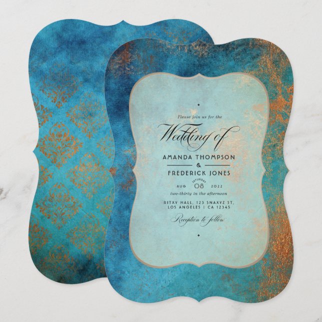 Grunge Copper Patina and Turquoise Wedding Invitation (Front/Back)