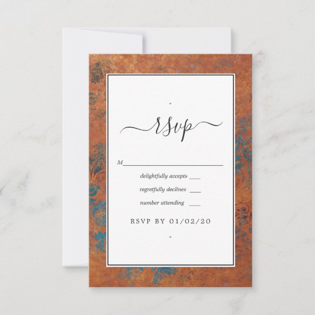 Grunge Copper Patina and Turquoise Wedding RSVP Card (Front)