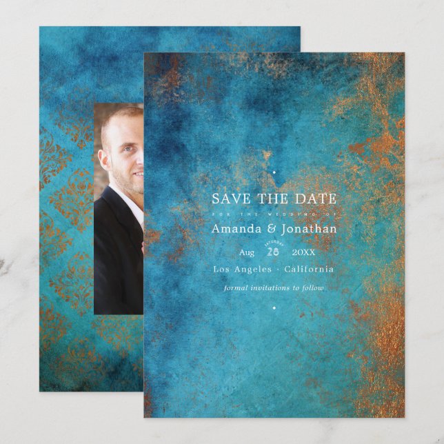 Grunge Copper Patina and Turquoise Wedding Save The Date (Front/Back)