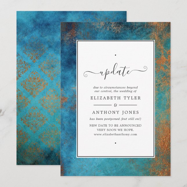 Grunge Copper Patina and Turquoise Wedding Update Invitation (Front/Back)