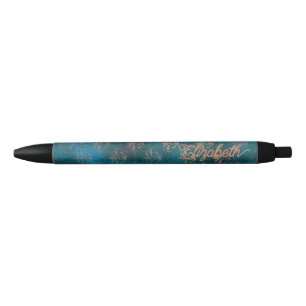 Grunge Copper Patina & Turquoise Verdigris Damask Black Ink Pen