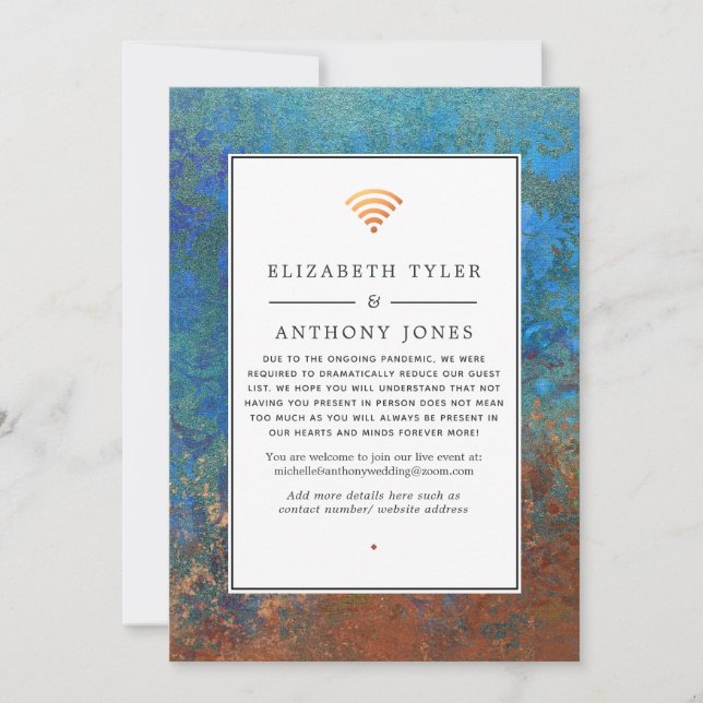 Grunge Copper Patina & Turquoise Virtual Wedding Announcement (Front)