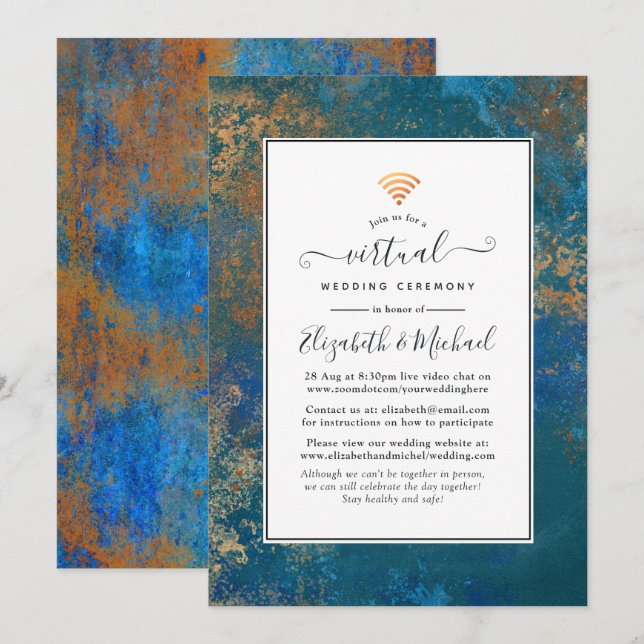 Grunge Copper Patina & Turquoise Virtual Wedding Invitation (Front/Back)